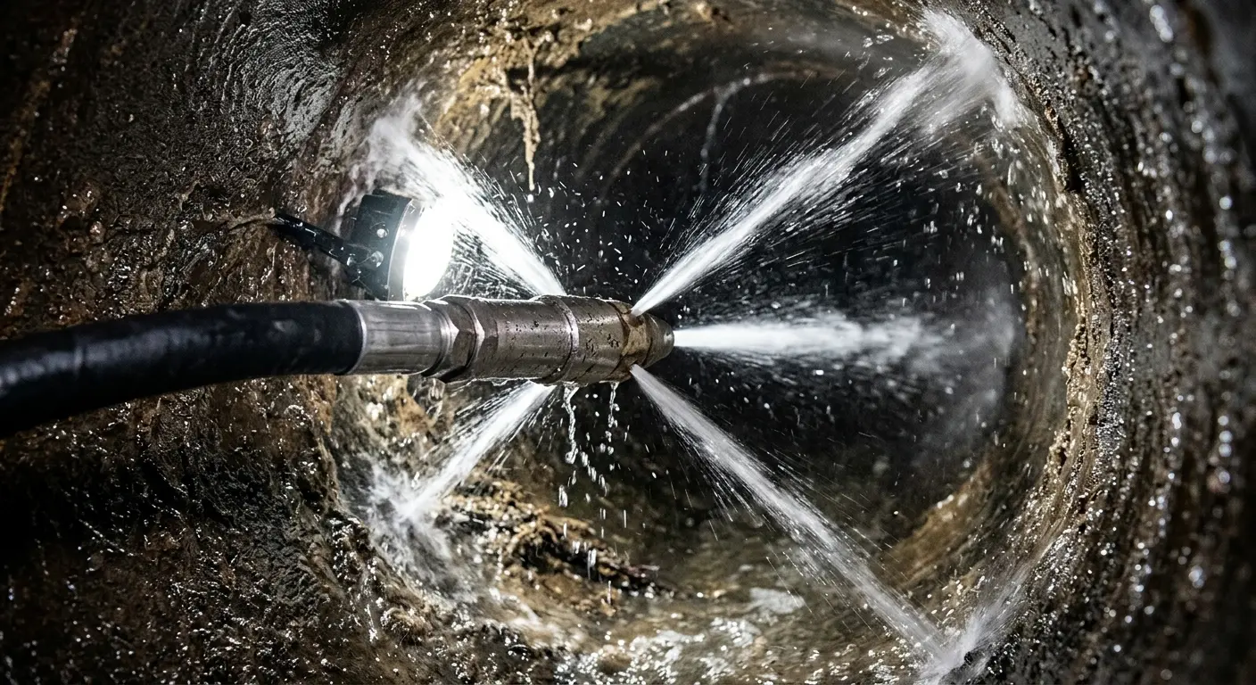 High-pressure hydro jetting nozzle cleaning sewer pipe for Storm Drain Cleaning in Manteca